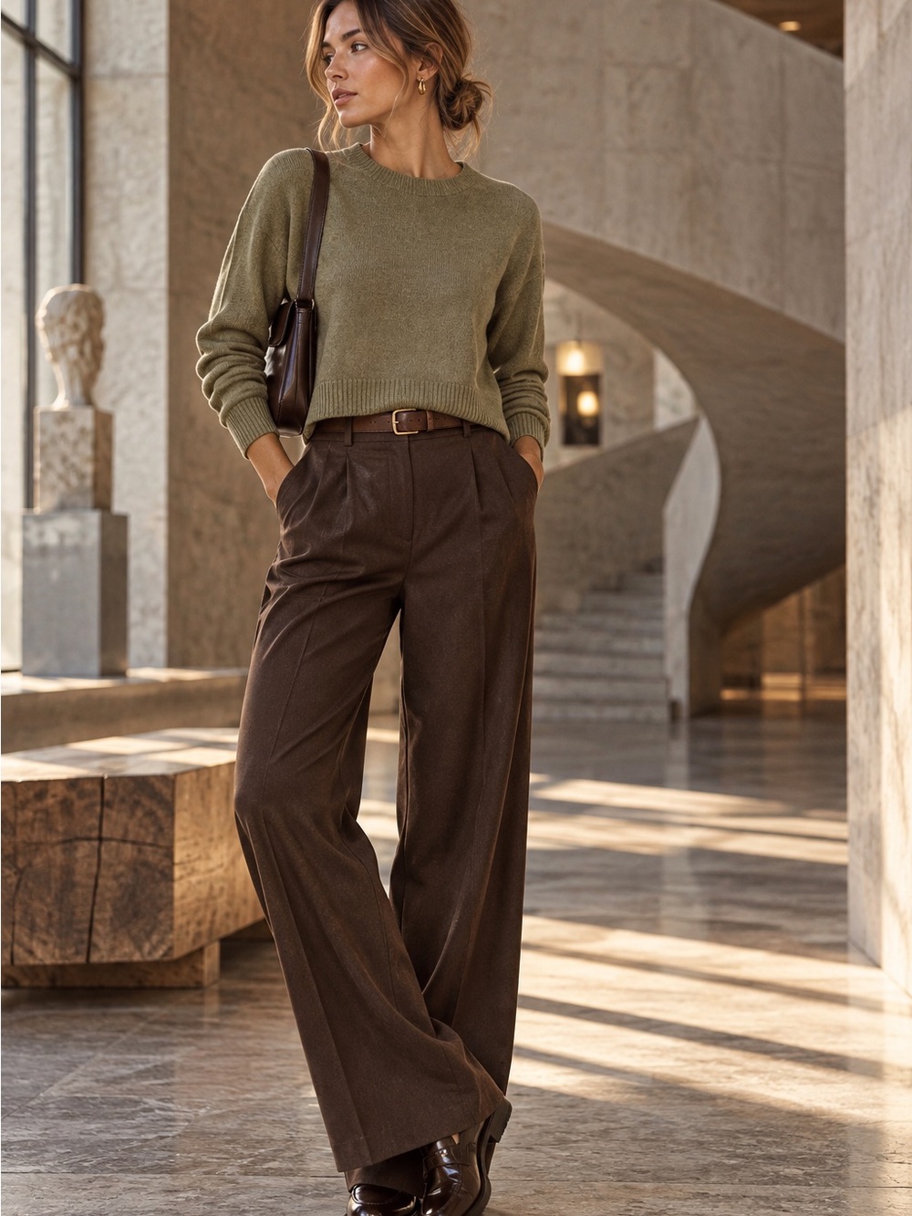 PREMISE Olive Green Boxy Cropped Crewneck Sweater Size S Relaxed‎ Modern Knit